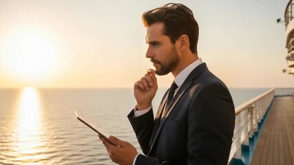 Businessman Using Tablet on Cruise Ship Deck During Sunset - Powered by Adobe