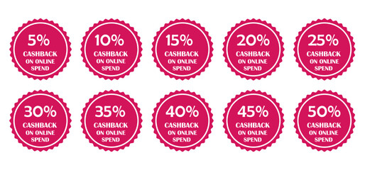 Gold cashback percentage badge set for online offers and discount in black, pink, red and blue colour with white background. Premium discount vector design. icon.