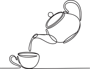 Teapot pouring tea into cup in continuous one line drawing, minimalist kitchenware vector illustration

