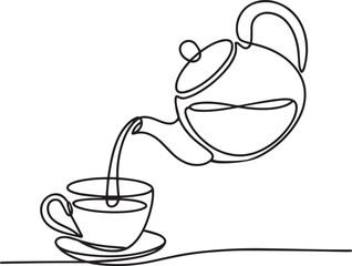 Teapot pouring tea into cup in continuous one line drawing, minimalist kitchenware vector illustration

