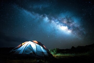 Illuminated tent under a vibrant night sky with Milky Way