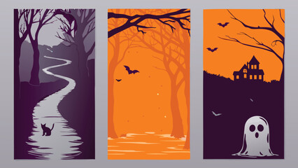 Three halloween themed illustrations featuring a cat, bats, ghost and haunted house in a spooky setting