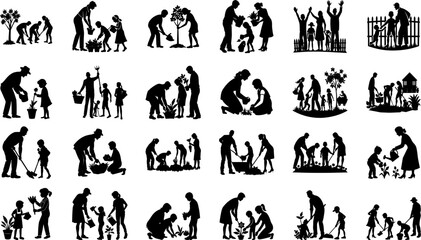 Family planting trees isolated on white background
