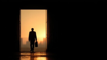 Obraz premium A businessman walks into the light with a briefcase in hand. Use this to represent opportunity, new beginnings, and success.