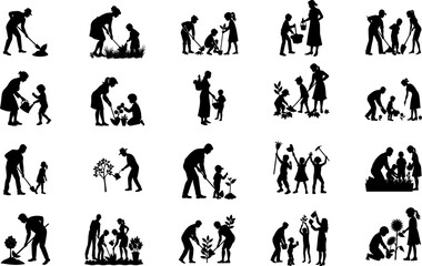 family planting a tree icon illustration