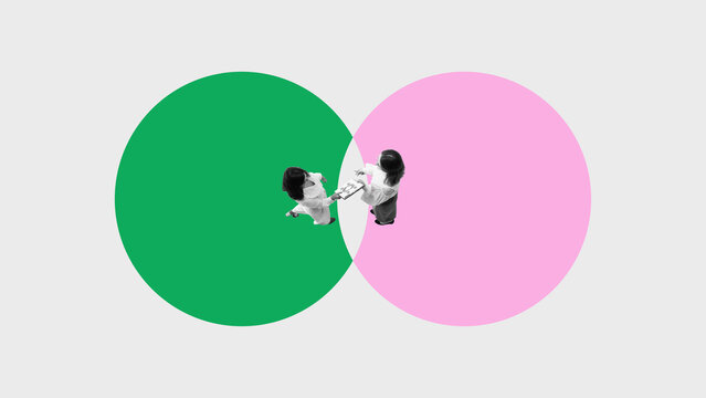 Collage of two women collaborating at center of overlapping green and pink business circles. Concept of mergers and acquisitions cultural alignment, employee retention, and goal synchronization.