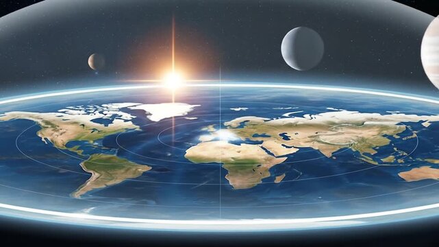 Flat earth map under a dome, perfect for educational materials, conspiracy theory articles, or science fiction graphics, the disc shaped earth model.