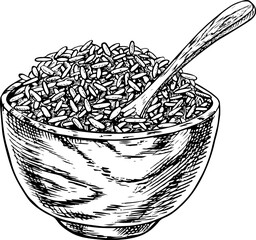 Rice or oats, wheat or rye in a wooden bowl. Black and white graphics, vector illustrations. Design element for menus, recipes, and cookbooks. For banners, flyers, packaging, labels, and more.