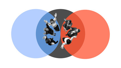 Composition showing excited business teams merging in center zone. Concept of company merger, employee unity, corporate enthusiasm, team-building, onboarding visuals.