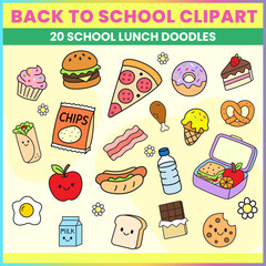 Cute back to school lunch doodles featuring kawaii food items like sandwiches, pizza, fruit, snacks, and drinks. Fun and colorful vector clipart set.