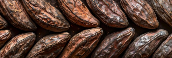 A topdown view of cacao beans showcases their fascinating geometry with neatly arranged rows of beans creating a mesmerizing pattern.