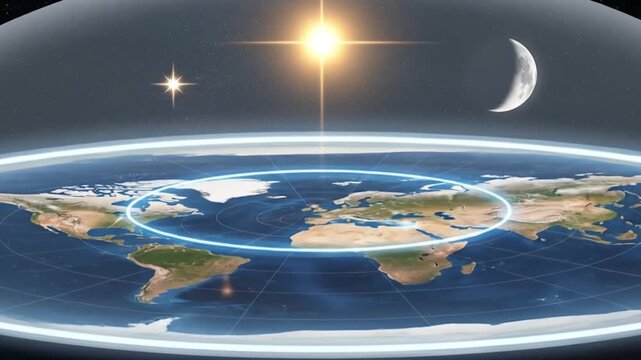 Flat earth map under a dome, perfect for educational materials, conspiracy theory articles, or science fiction graphics, the disc shaped earth model.