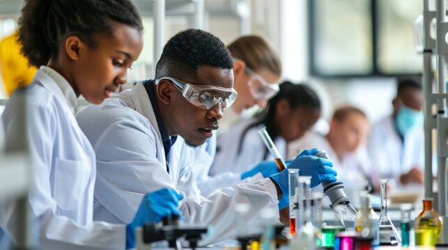 Teacher and students working in science lab
