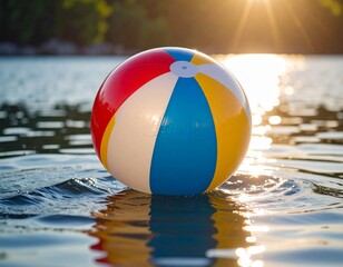 Top-down ujęcie z drona na samotną, kolorową piłkę dryfującą na rozległej wodzie. Woda turkusowa, piłka tworzy kontrast kolorystyczny. Idealny kadr do minimalistycznych grafik.