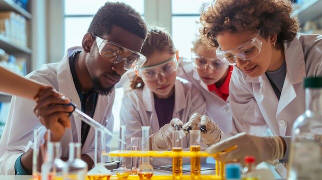 Teacher and students working in science lab