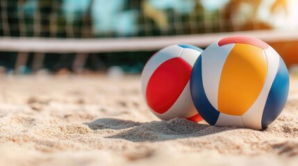 Obraz premium Vibrant Beach Volleyball Setup with Colorful Balls and Nets on Sandy Court for Outdoor Summer Sports and Recreation Activities