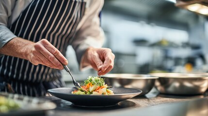 Chef wearing striped apron garnishing dish in clean, organized professional kitchen 