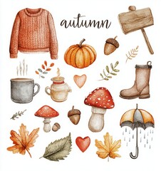hand drawn cozy autumn clothes set. scarf, sweater, boots, beanie, gloves, umbrella