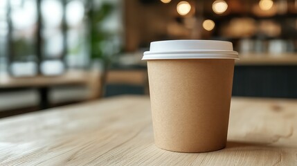 Eco-friendly paper coffee cup mockup on light wood table, reusable sustainable drinkware branding for cafe template