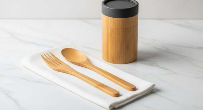 Bamboo cutlery set with a container on a white napkin
