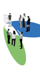 Cut out composition with two business groups facing flipchart presentation with curiosity. Concept...