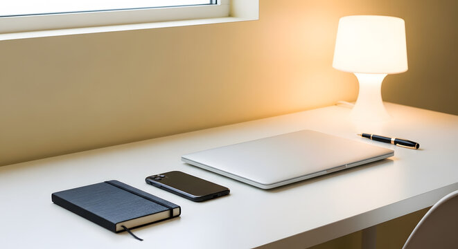 Minimal Workspace with Laptop, Smartphone and Pen