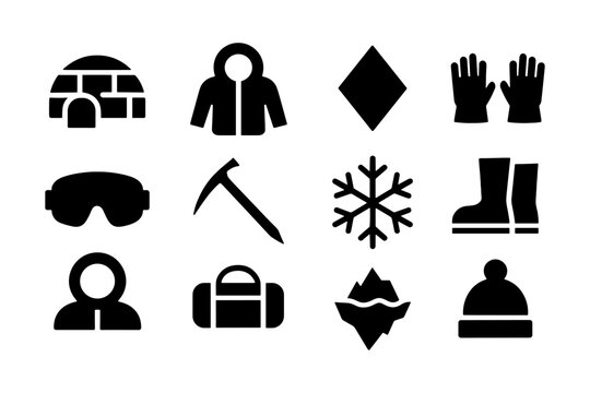 Winter adventure icons set: essential silhouettes for cold weather activities