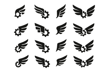 Collection of gear and wing icons in silhouette style featuring industrial and aviation themes
