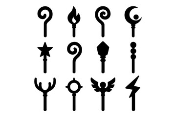 Fantasy magic staffs silhouettes set: mystical wand icons collection