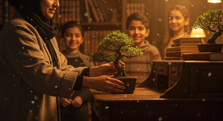 A family gathers around a bonsai tree in a cozy library setting, illuminated by warm lighting, with snow gently falling outside, creating a serene and intimate winter atmosphere