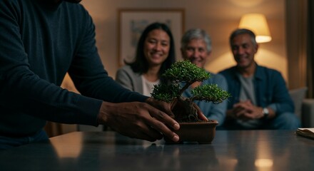 A person carefully places a bonsai tree on a table while three smiling individuals watch in a warmly lit living room, creating a cozy and intimate atmosphere of shared appreciation