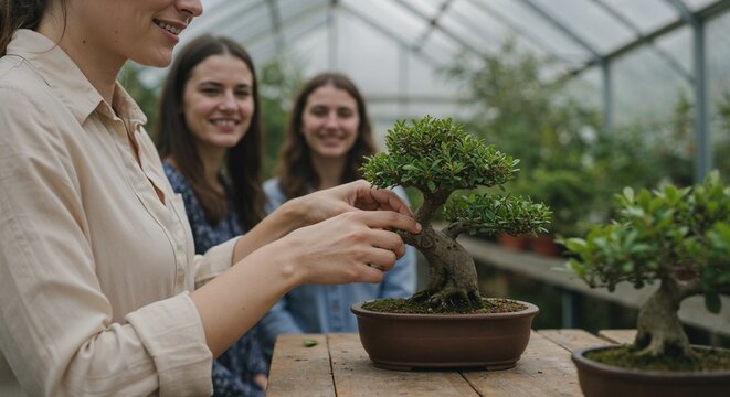 Young women enjoying a serene day in a greenhouse while tending to bonsai trees, showcasing the art of bonsai cultivation and the joy of gardening in a peaceful, natural setting