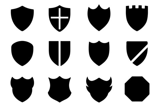 Minimalist black shield icons set: simple security symbols for design