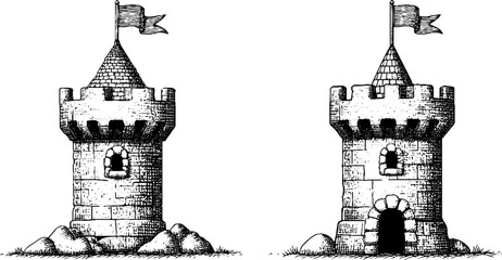 Obraz premium Vintage engraved illustration of castles and towers for print design