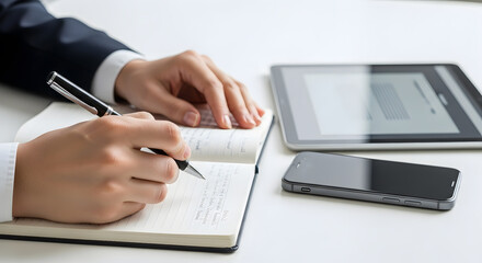 Hands Writing in Notebook with Tablet and Smartphone Nearby