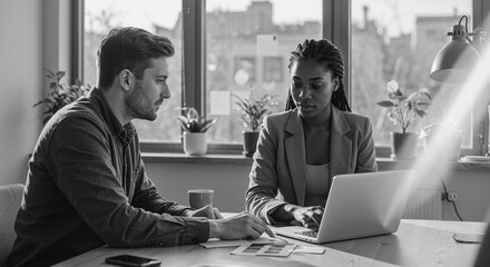 Focused business meeting between a diverse team of professionals collaborating on a project in a modern office with natural light streaming through large windows