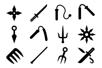 Obraz premium Silhouette set of iconic martial arts weapons and throwing stars