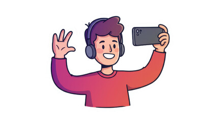 Cartoon Person Taking Selfie with Phone and Headphones