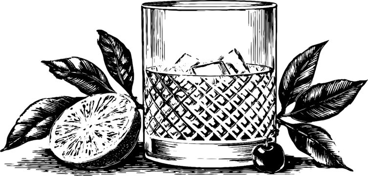 Vintage cocktail glass with citrus and olive engraved design for bar decor