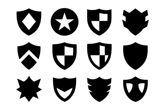 Set of twelve shield icons featuring various designs and shapes