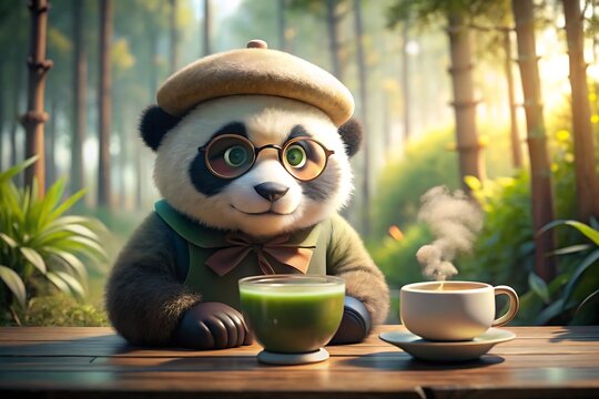 A charming panda with glasses enjoys tea in a serene forest setting - Powered by Adobe