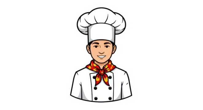Smiling Cartoon Chef Character with Hat and Scarf - Powered by Adobe
