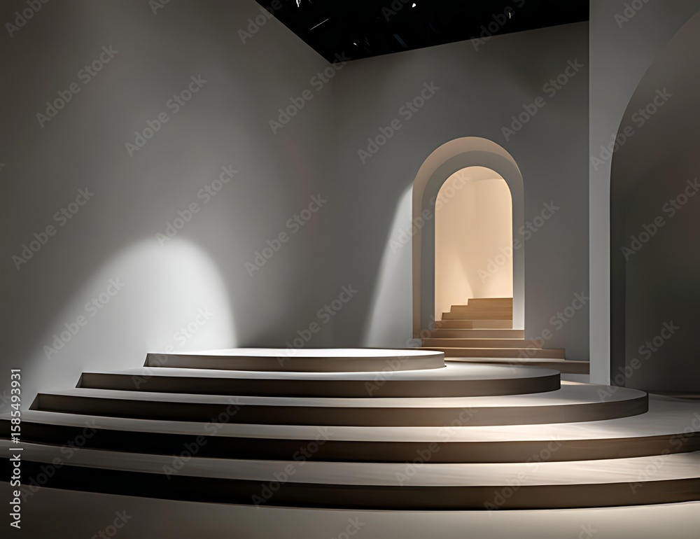 Fototapete Modern Spiral Staircase in a Minimalist White Architectural Space, A captivating image of a smooth, elegant spiral staircase ascending within a minimalist, white architectural setting.
