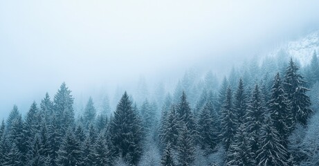 Obraz premium The forest on the green mountain is shrouded in fog, with evergreen spruce and pine trees covering the slopes