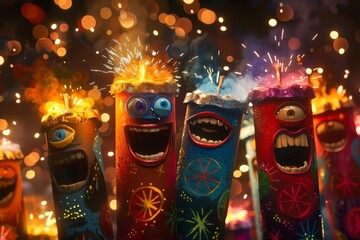 Vibrant animated fireworks tubes with expressive faces