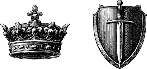 Engraved vintage crown and sword with shield set for historical design or heraldry