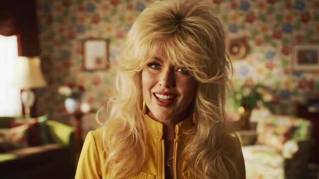 A charismatic retro woman with big blonde hair expressing emotions in a vintage 1970s living room