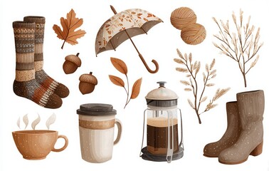 hand drawn cozy autumn clothes set. scarf, sweater, boots, beanie, gloves, umbrella