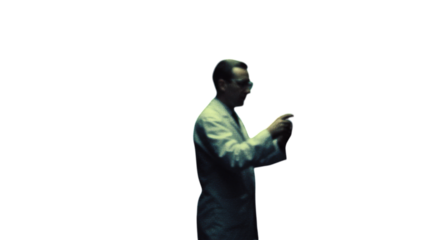 Scientist in Lab Coat Presenting on Dark Background