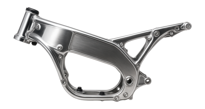 Cast aluminum twin-spar motorcycle frame with large central beam and polished surface